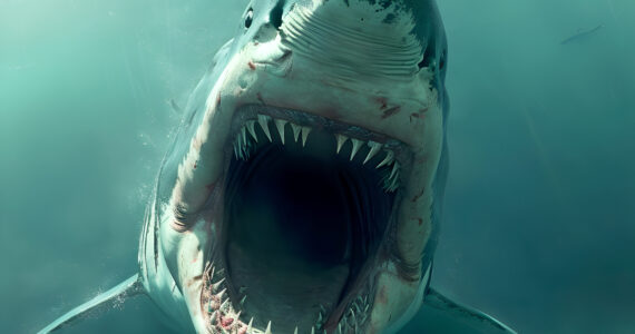 rendering of a great white shark with its mouth open