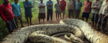 villagers standing around a a giant python in the jungle