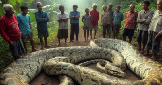 villagers standing around a a giant python in the jungle