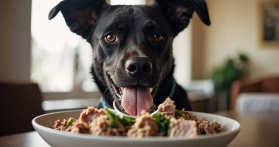 a dog with a plate of tuna in front of it