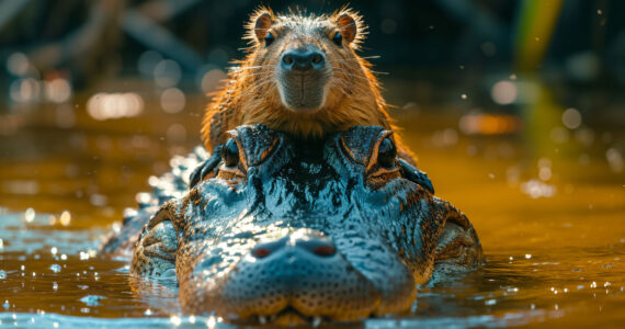 a capybara riding on a crocodile
