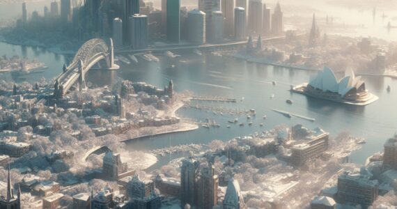a rendering of sydney, australia covered in snow