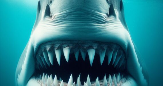 a rendering of a massive great white shark's teeth close up