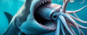rendering of a great white shark eating a giant squid