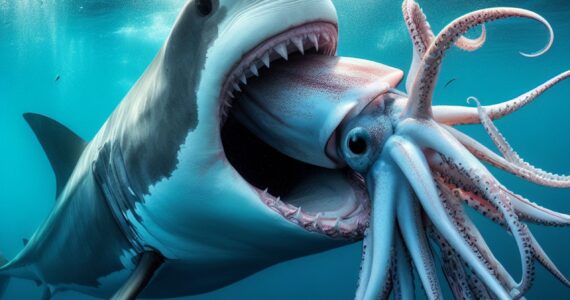 rendering of a great white shark eating a giant squid