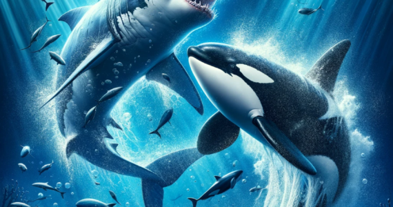 rendering of a fight between a killer whale and a great white shark