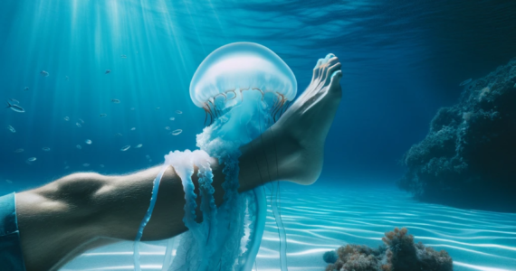 a jellyfish stinging a person's leg underwater