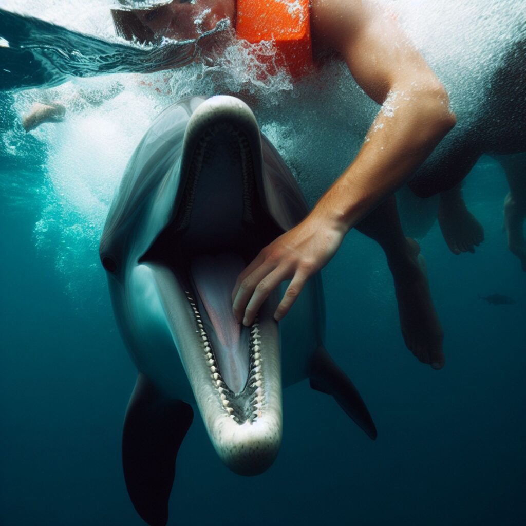 a rendering of a dolphin biting a person