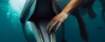 a rendering of a dolphin biting a person