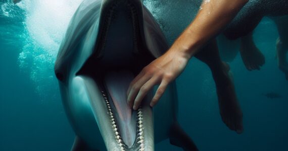 a rendering of a dolphin biting a person