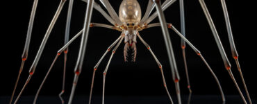 a giant spider up close on a black background