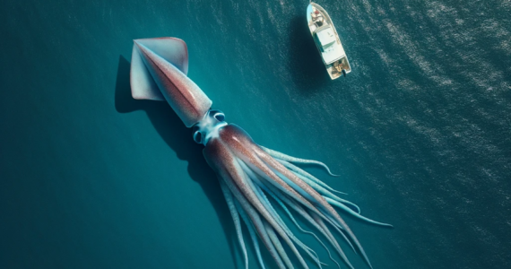 a massive squid swimming next to a boat