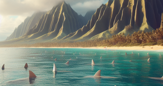 lots of shark fins in the water at a beach