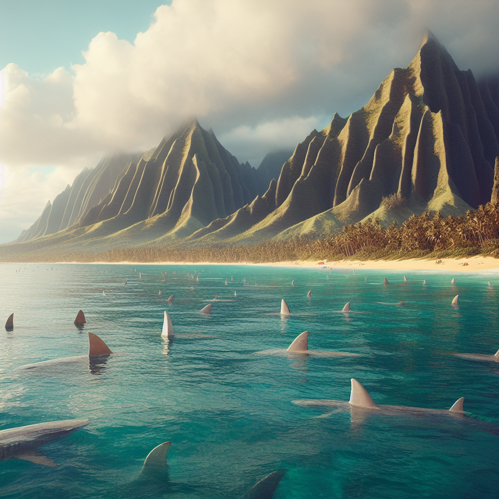 lots of shark fins in the water at a beach