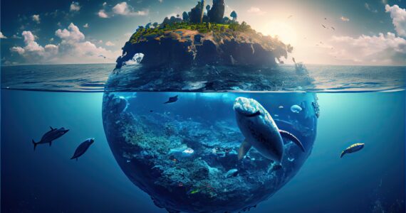 rendering of a globe made out of earth and water