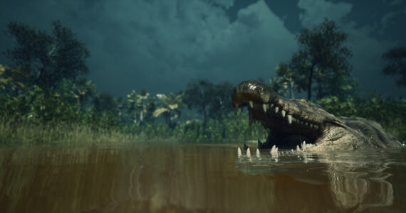 rendering of a gator in a swamp