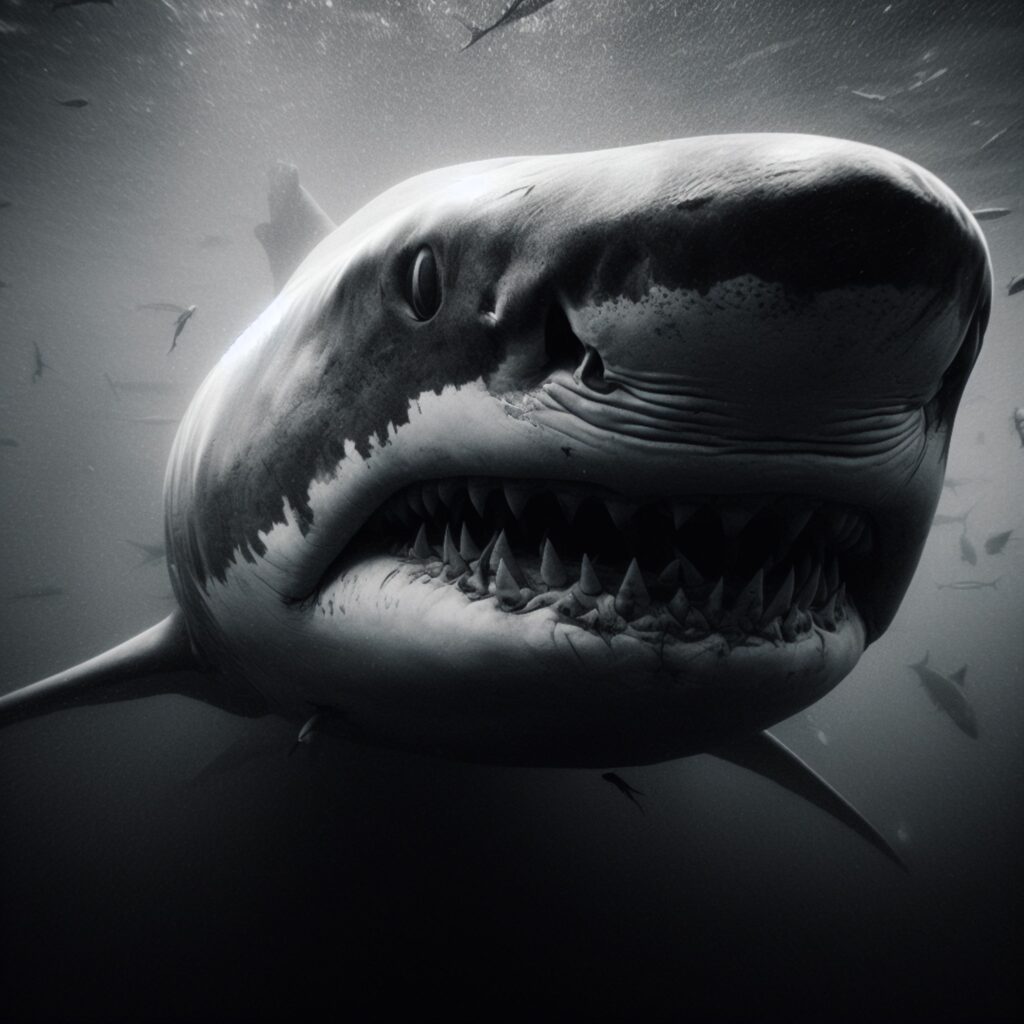 black and white rendering of a shark in the delaware river