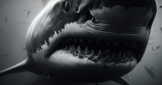 black and white rendering of a shark in the delaware river