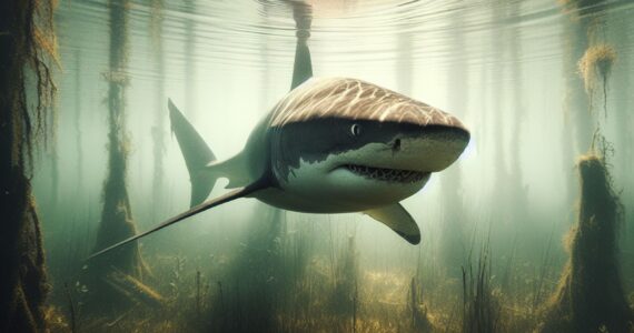 a shark swimming in a swamp