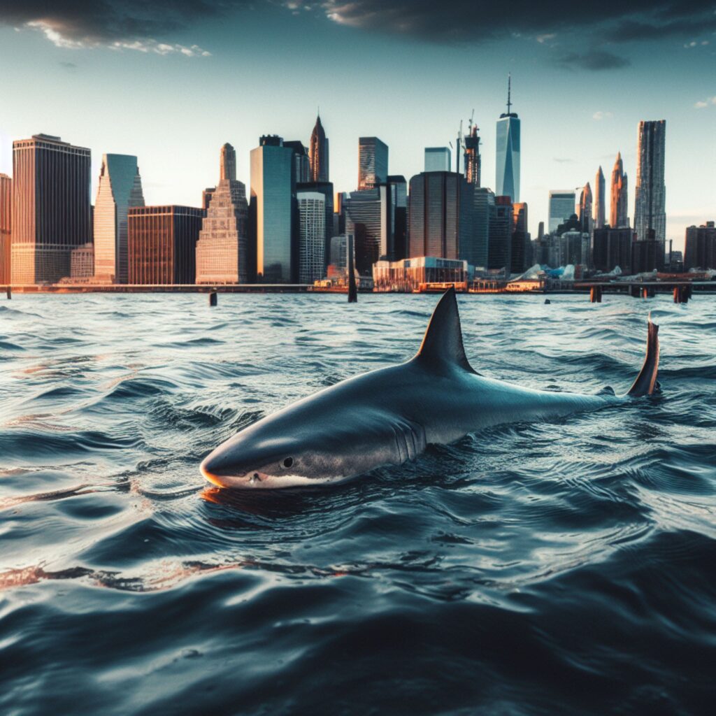 a rendering of a shark swimming in the east river nyc