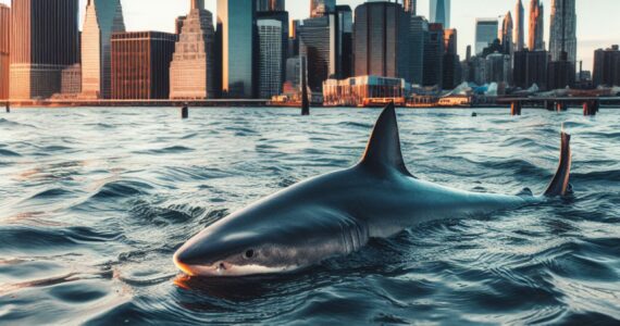 a rendering of a shark swimming in the east river nyc