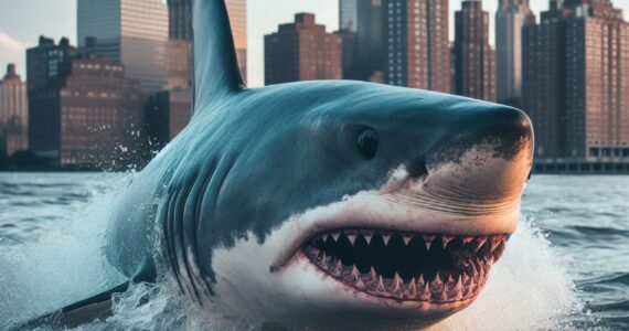 rendering of a shark in the hudson river