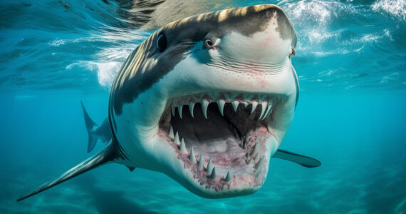 rendering of a shark underwater showing teeth
