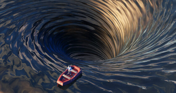 a boat being sucked into a whirlpool