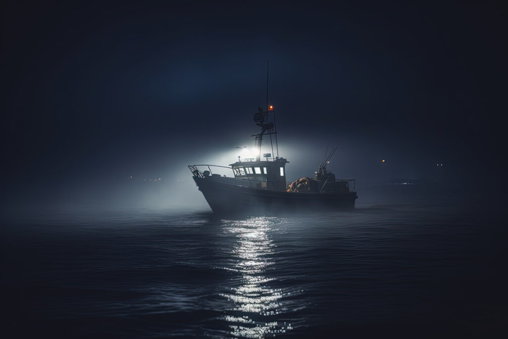 a fishing boat at night in the ocean