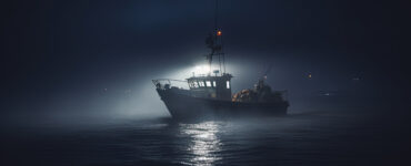 a fishing boat at night in the ocean