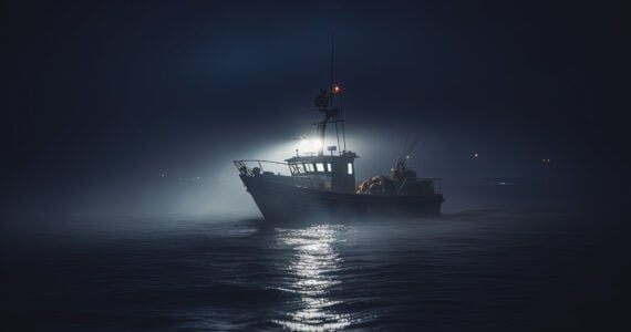a fishing boat at night in the ocean