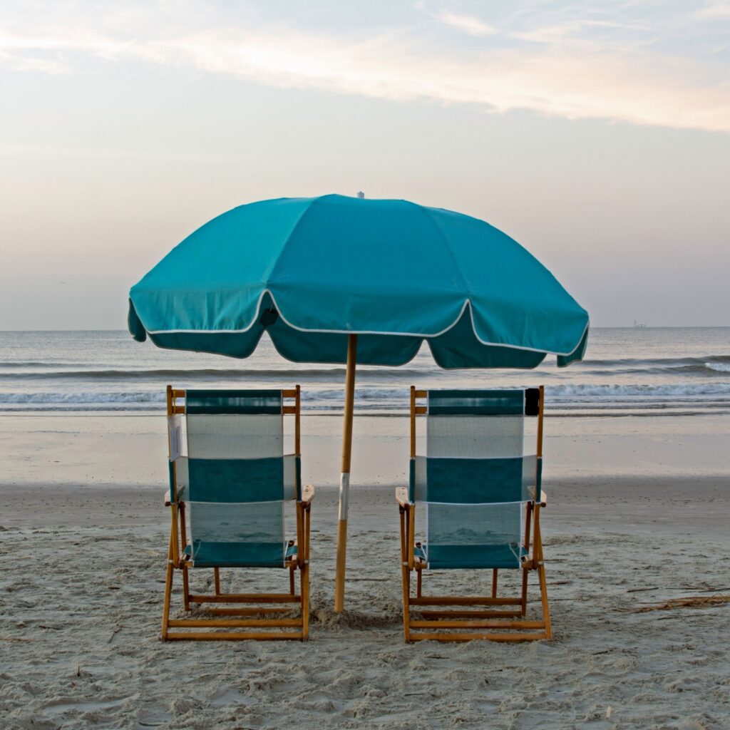 Umbrella and chairs on the beach at Isle of Palms, South Carolina.