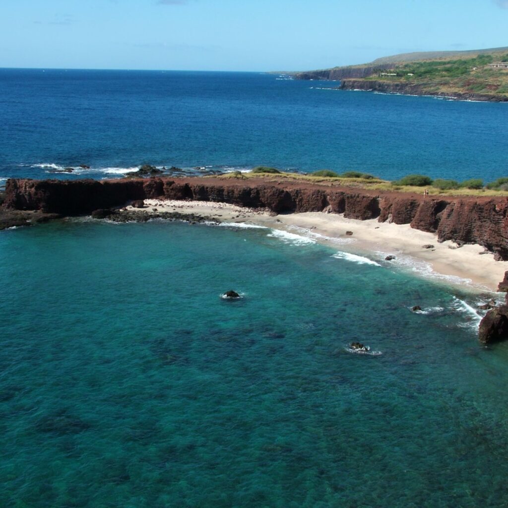 View of world famous Hulopoe Bay, ranked number one beach in the world by Forbes a few years back