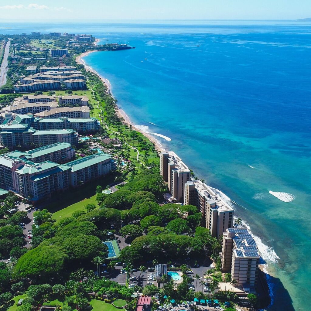 Ka'anapali, Lahaina, Maui, Hawaii - November 12, 2018: An aerial view of an several expensive resorts in a popular vacation destination on the island.