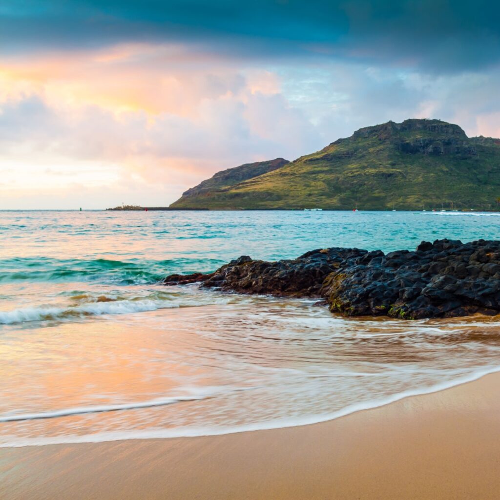 Sunrise on Kalapaki Beach and Nawiliwilii Bay, Lihue, Kauai, Hawaii, USA