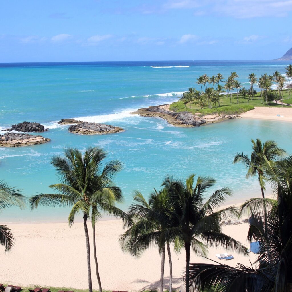 View of the Ko Olina beach resort and the Naia Lagoon, Oahu, Hawaii, USA