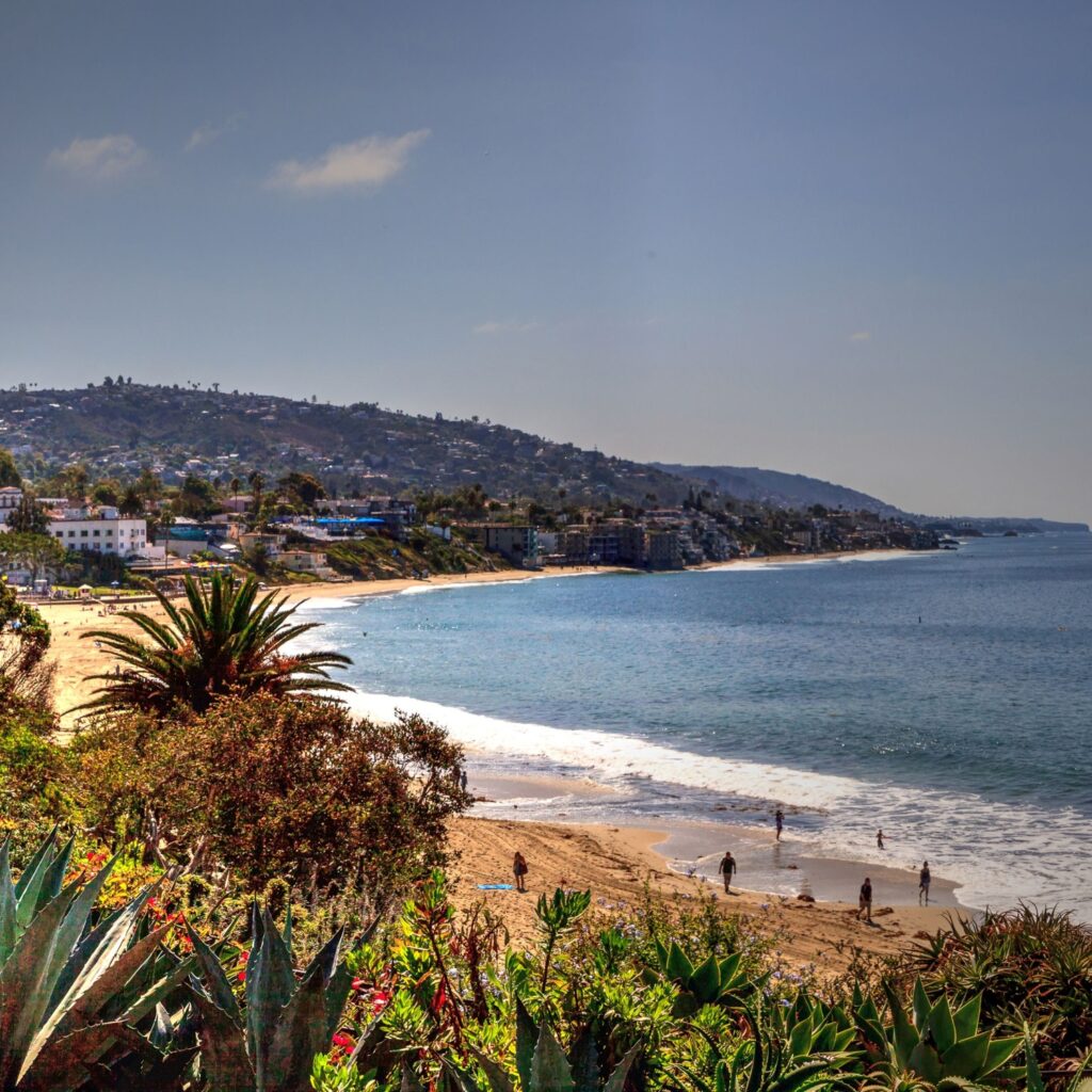 Panoramic view of Main Beach, Laguna Beach, California right before the partial solar eclipse.