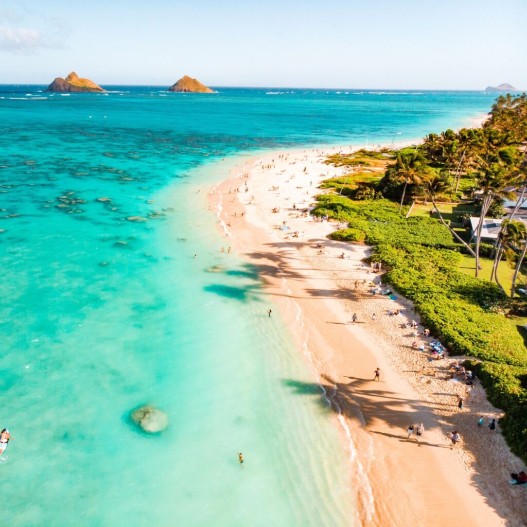 Drone photo of Lanikai Beach on the island of Hawaii