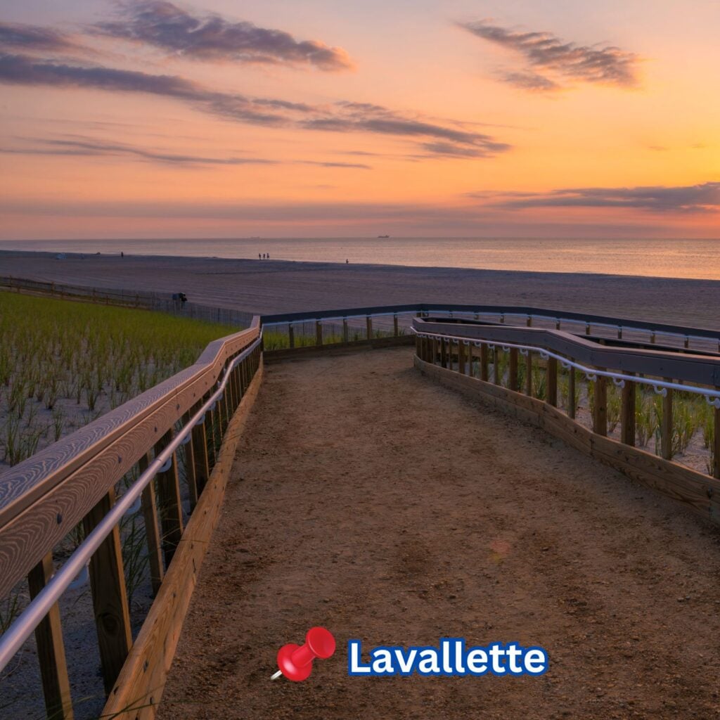 beautiful sunrise over Lavallette beach new jersey, featuring sand on the foreground and sunny sky on the background