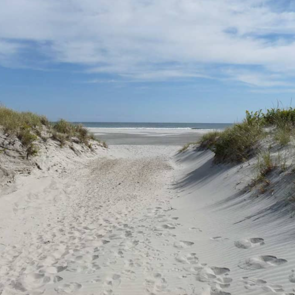Sandy path with footprints winds through grassy dunes, leading to a calm ocean shore under a bright blue sky with soft white clouds.








