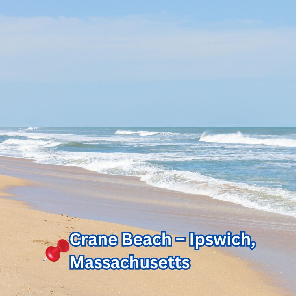 Golden sand meets rolling waves under a clear blue sky at Crane Beach in Ipswich, Massachusetts, offering a peaceful and scenic coastal view.