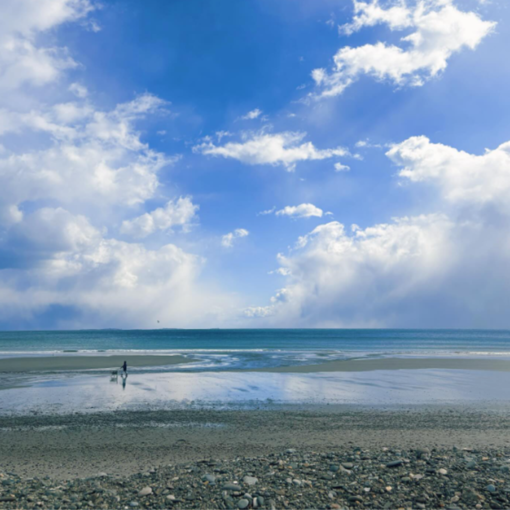 A person walks a dog along the wet sand at Jenness State Beach in Rye, NH, under a dramatic sky with scattered clouds and blue reflections on the shore.